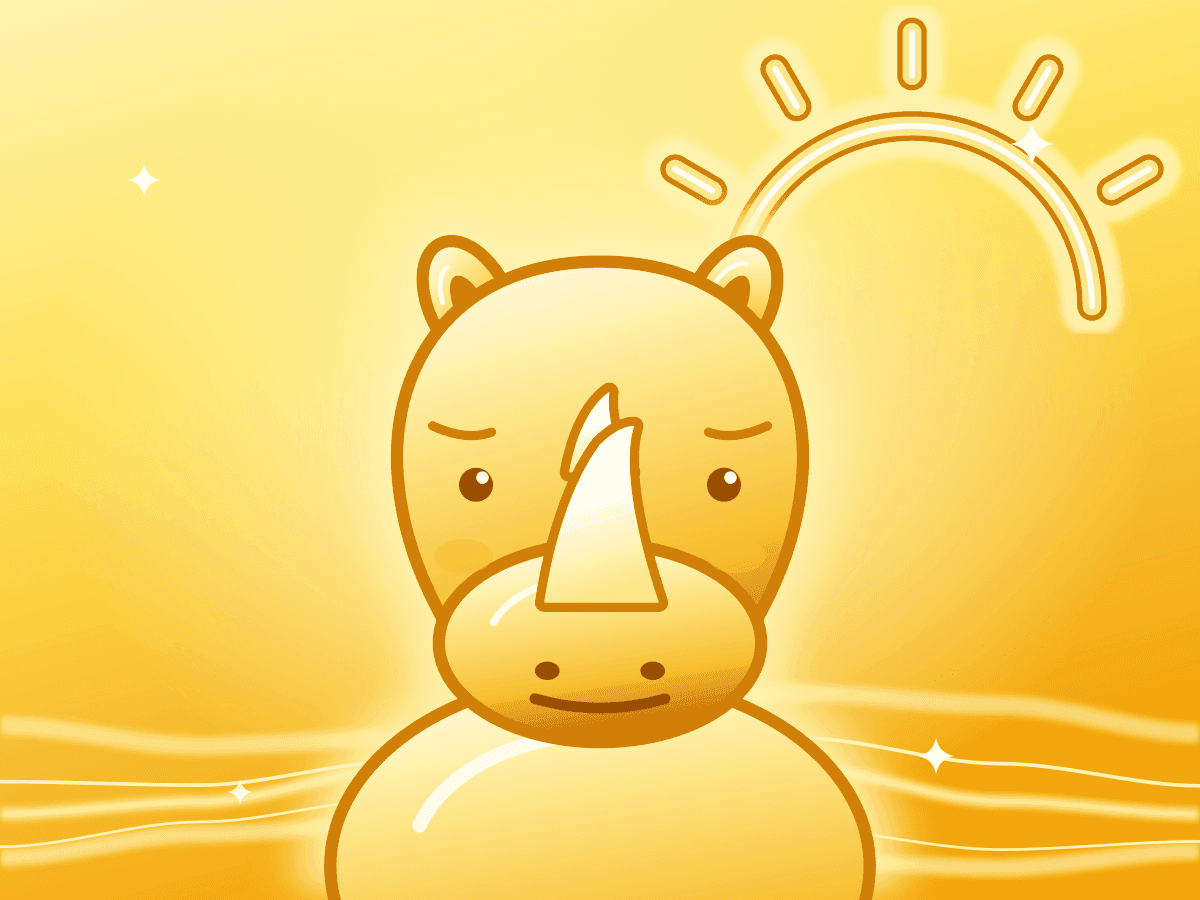 An illustration of Clover, a friendly rhino, in front of a golden savanna