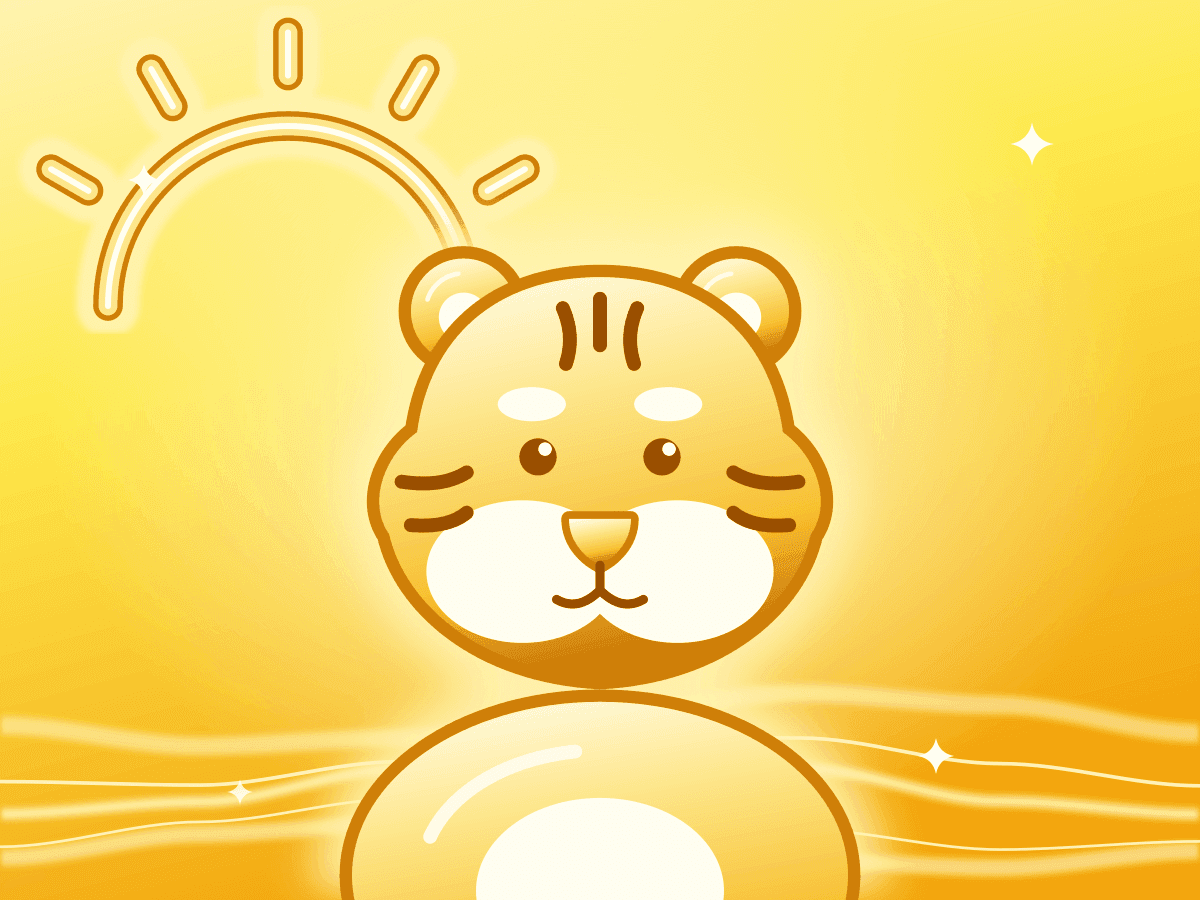 An illustration of Ember, a tiger, among bamboo leaves