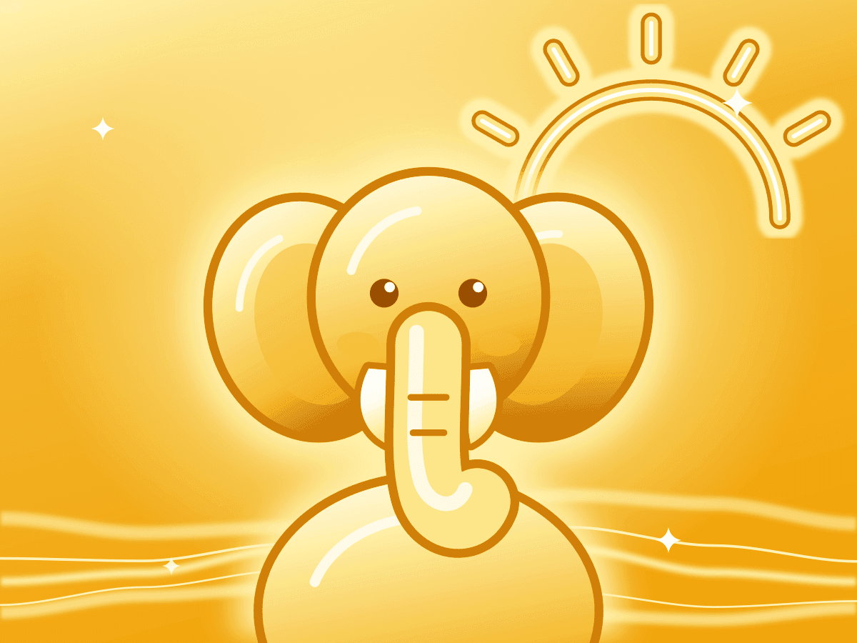 An illustration of Maple, an elephant with small tusks, on acacia plains