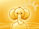 An illustration of Nimbus, a baby elephant with big ears, under a golden sun