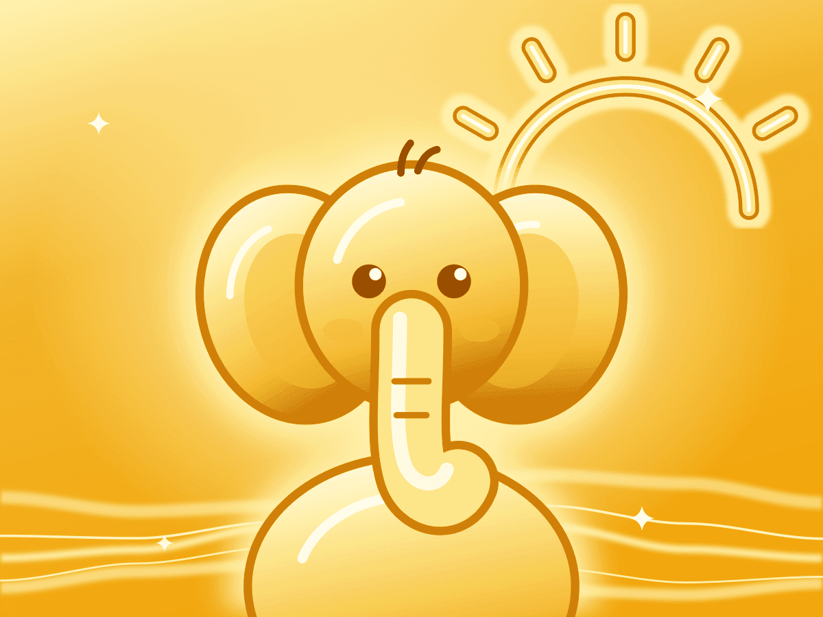 An illustration of Nimbus, a baby elephant with big ears, under a golden sun