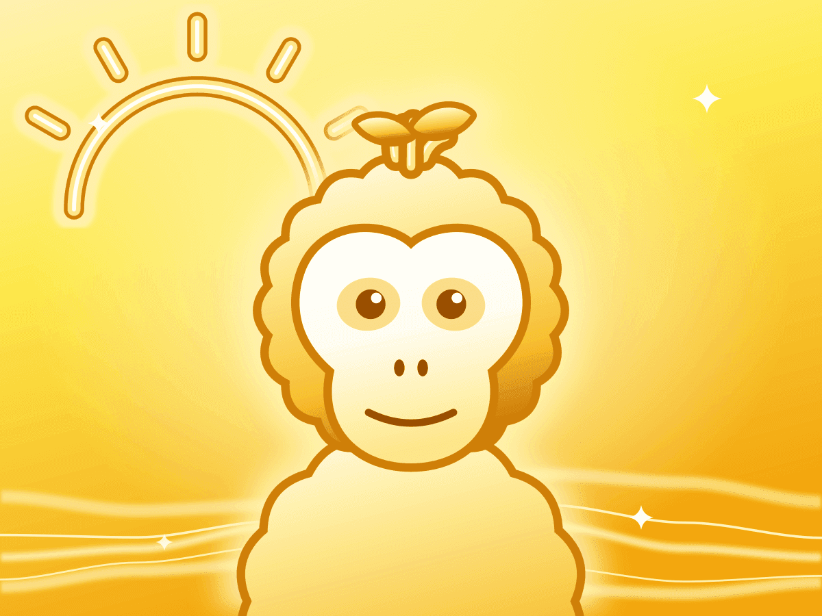 An illustration of Sprout, a young orangutan wearing a leaf on his head