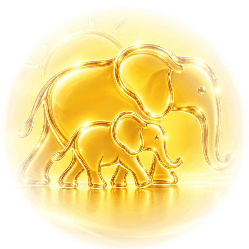 A golden glass medallion of Herdhood’s elephant and her calf